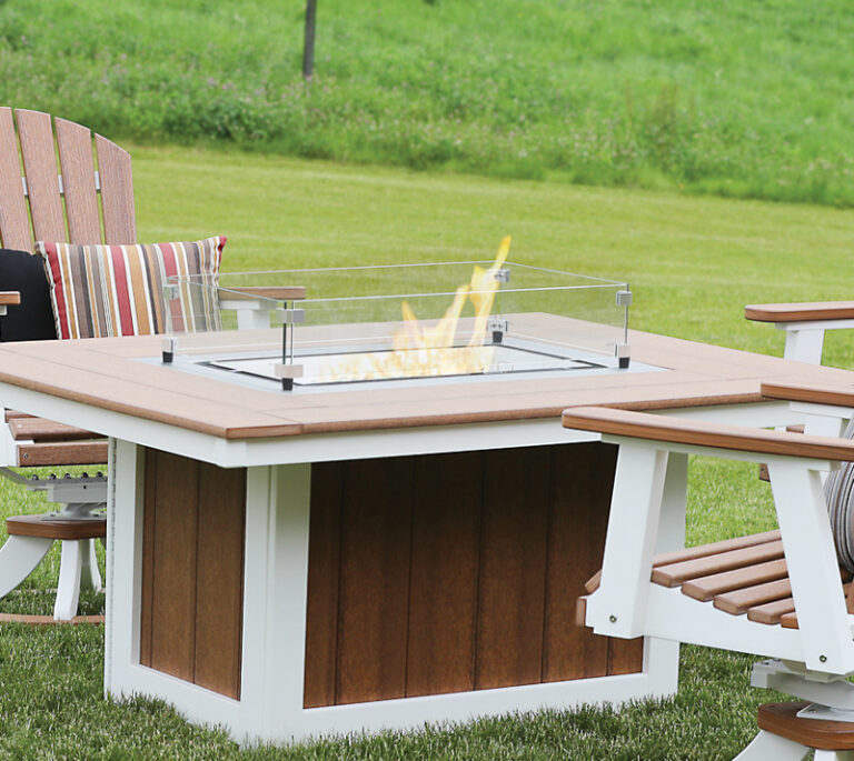 Donoma 42 x 54 Rectangular Fire Pit and Comfo Back Dining Swivel Rocker Antique Mahogany on White with a 12" X 42" Rectangular
Glass Wind Guard
(Standard with every fire table)