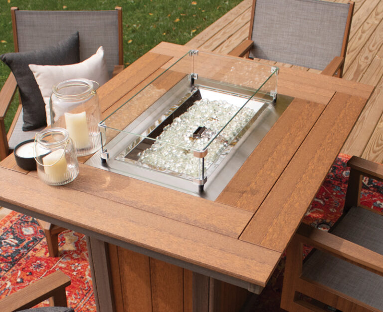 Donoma Counter Rectangular AM on CG with Mayhew Sling Chairs with a 12" X 24" Rectangular
Glass Wind Guard
(RGWG1224) 12" H X 24" W
(Standard with every fire table)
