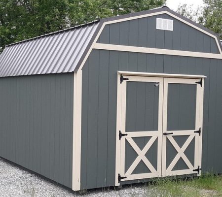 Model 9675 12x16 Avocado with Black Bear Beige Trim & Burnished Slate Metal Roof Lofted Barn