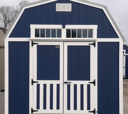 Model 10085 10x12 Navy with White Trim & Old Town Grey Metal Roof Lofted Barn