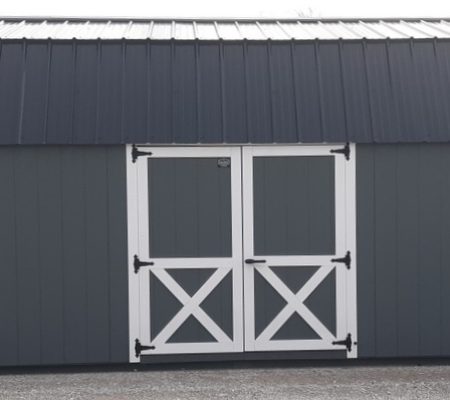 Model 10050 14x32 Dark Gray with White Trim & Black Metal Roof Lofted Garden Shed