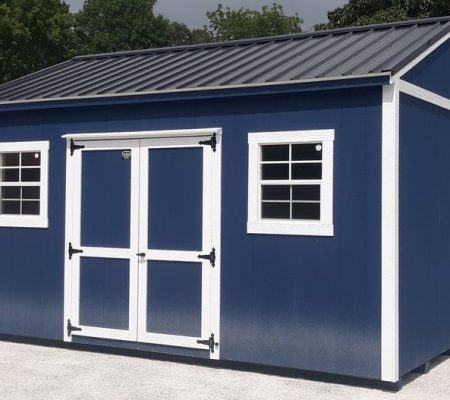 Model 10121 12x16 Navy with White Trim with Black Metal Roof Cottage