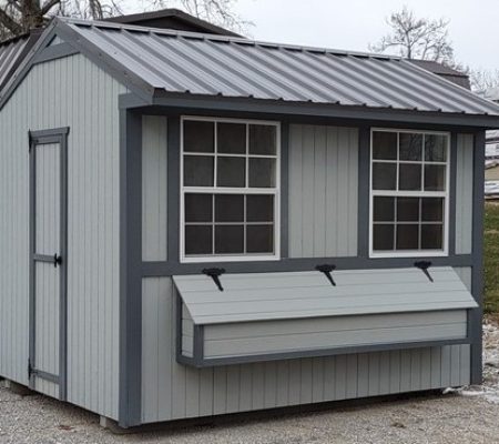 RMB0034 8 x 10 Zook Gray with Dark Gray Trim & Charcoal Metal Roof Chicken Coop