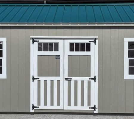 Model 10111 12 x 20 Clay with White Trim & Green Metal Roof A-Cottage