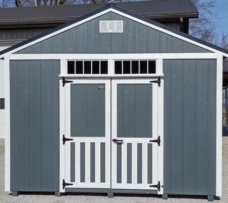 Model 10107 12 x 16 Dark Grey with White Trim & Black Metal Roof A-Frame Shed