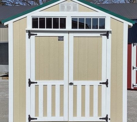 Model 10105 8 x 10 Black Bear Beige with White Trim & Forest Green Metal Roof A-Frame Shed