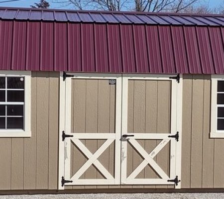 Model 10114 12 x 24 Buckskin with Navajo White Trim & Burgandy Metal Roof Lofted Garden Shed