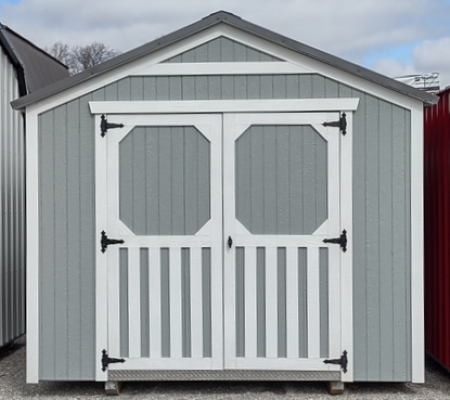 Zook Gray with White Trim & Charcoal Metal Roof  10 x 12 Gable Shed