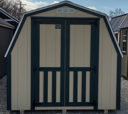Model 10150 8x12 Black Bear Beige with Green Trim & Green Shingle Roof Shed